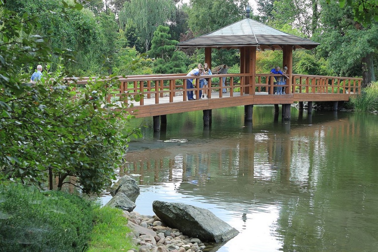 Puente de madera con una torreta de estilo japonés sobre un frondoso fondo de árboles y arbustos 