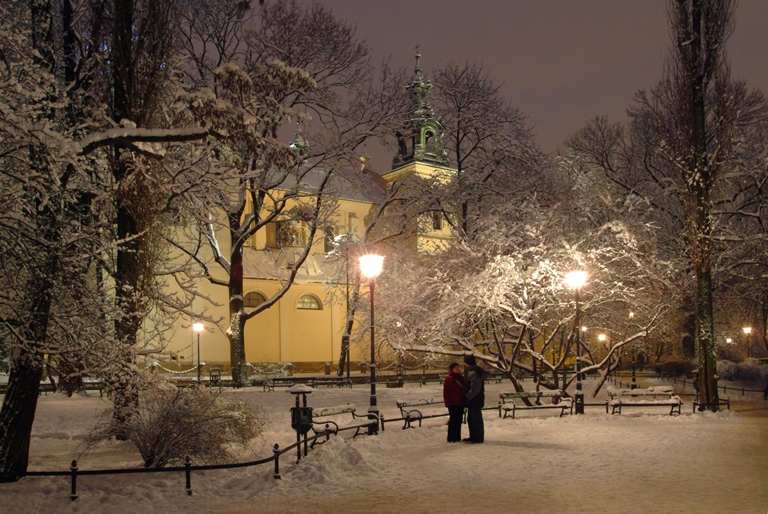 Jardín y parte de un edificio histórico, cubiertos de nieve recién caída, de noche. Las farolas resaltan el ambiente mágico del lugar