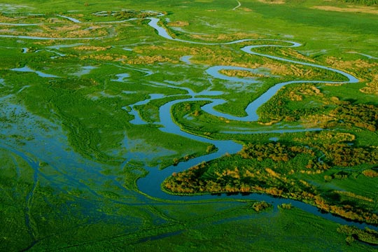 Paisaje a vista de pájaro; predomina el verde de los prados y el azul de ríos serpenteantes