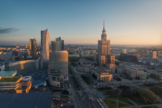 Vista sul Palazzo della Cultura e della Scienza e sui grattacieli di Varsavia