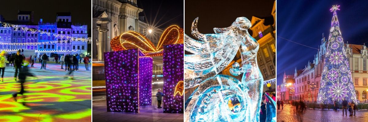 Quattro immagini delle città polacche illuminate in inverno