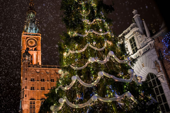 Foto di un albero di Natale situato nella piazza principale di Danzica, in Polonia