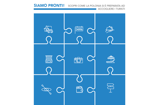 Infografica con puzzle blu e icone di servizi turistici, scritta "Siamo pronti!"