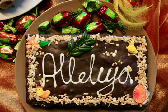 Torta al cioccolato con scritta "Alleluia"