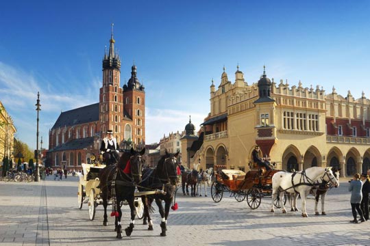 Carrozza trainata dai cavalli all'interno del centro storico di Cracovia