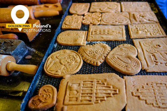 Foto dei Pierniki, biscotti di pandizenzero, realizzati nel Museo Vivo dei Pierniki a Torun, in Polonia. In alto scritta "Golden Pins Poland's Destinations"